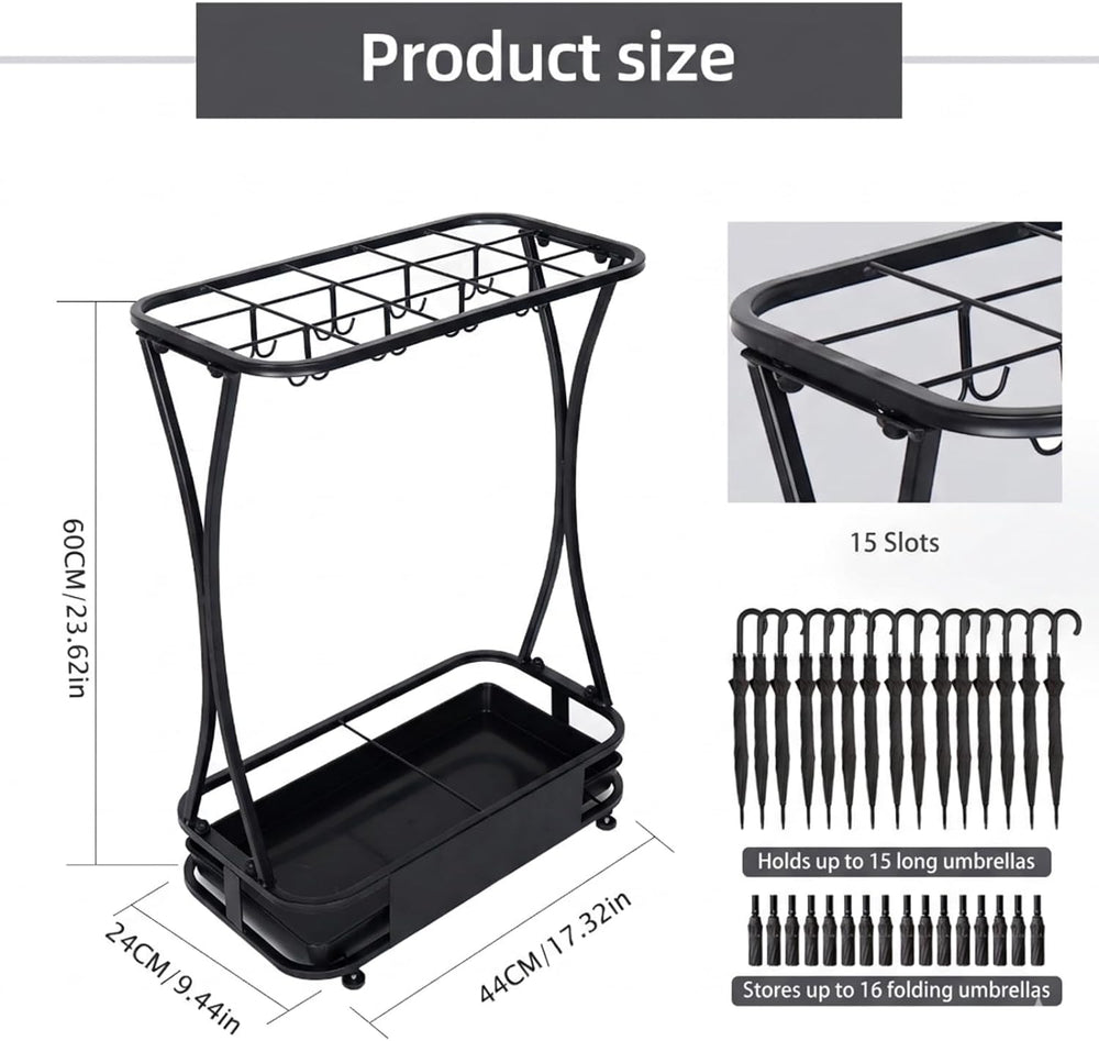 15 Slot Umbrella Stand with 8 Hooks – Heavy Duty Metal Indoor Umbrella Rack H...