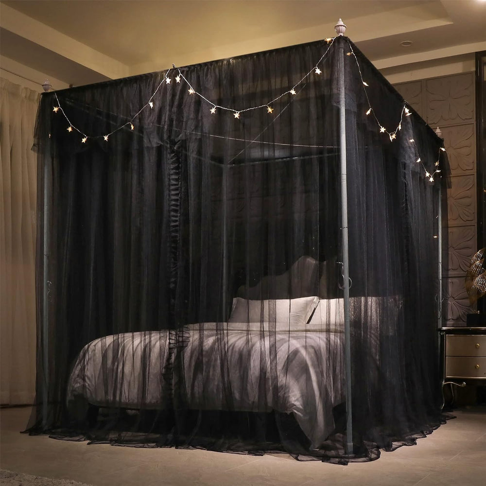 VETHIN 4 Corners Post Ruffle Princess Bed Canopy Curtain-Double Layer Cozy Dr...