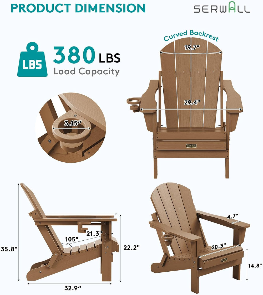 SERWALL Folding Adirondack Chair Set of 2, Cup Holder, Wood Texture -Brown