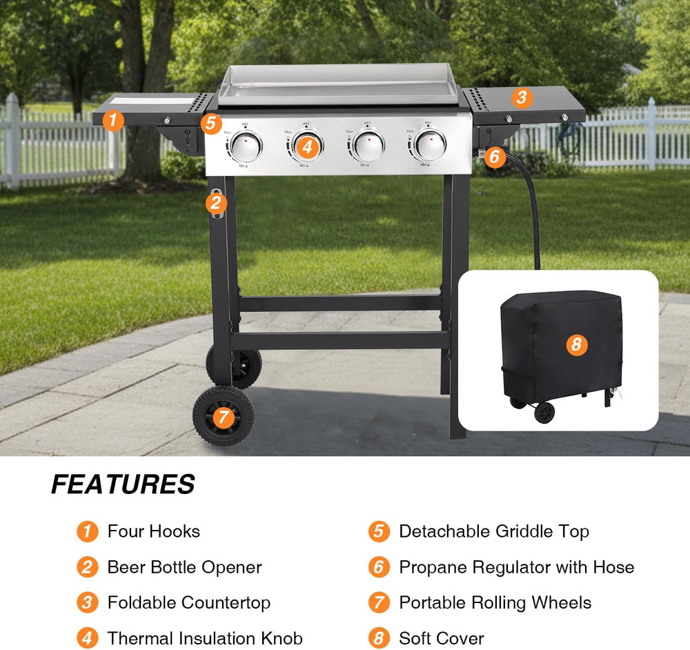 Propane Gas Griddle 4-Burner, Flat Top Grill Griddle, Outdoor Gas Stove with ...