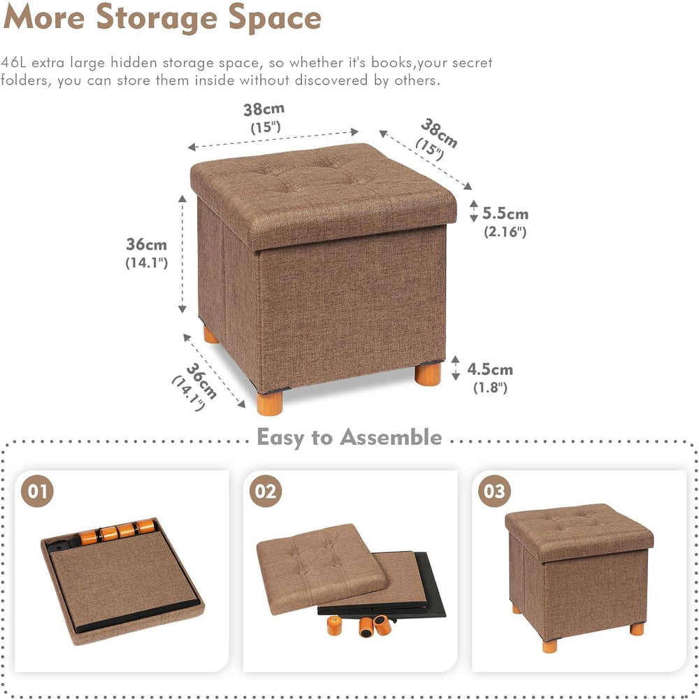 B FSOBEIIALEO 15" Square Storage Ottoman with Tray, Wood Legs, Linen Brown