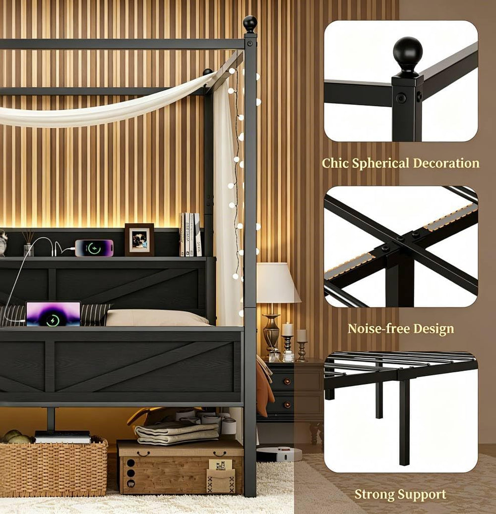 King Size Canopy Bed Frame with Storage Headboard, Black