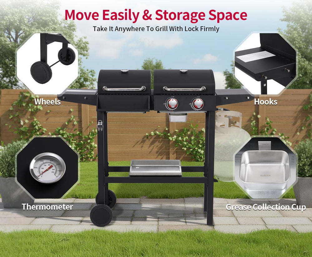 2-Burner Gas & Charcoal Combo Grill with Griddle, Black