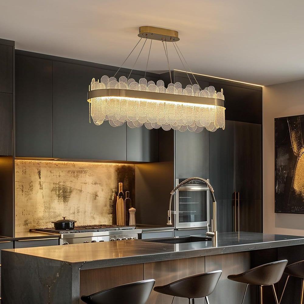 Gold Linear Chandelier, Modern Rectangle Glass Pendant Light Fixture with LED...