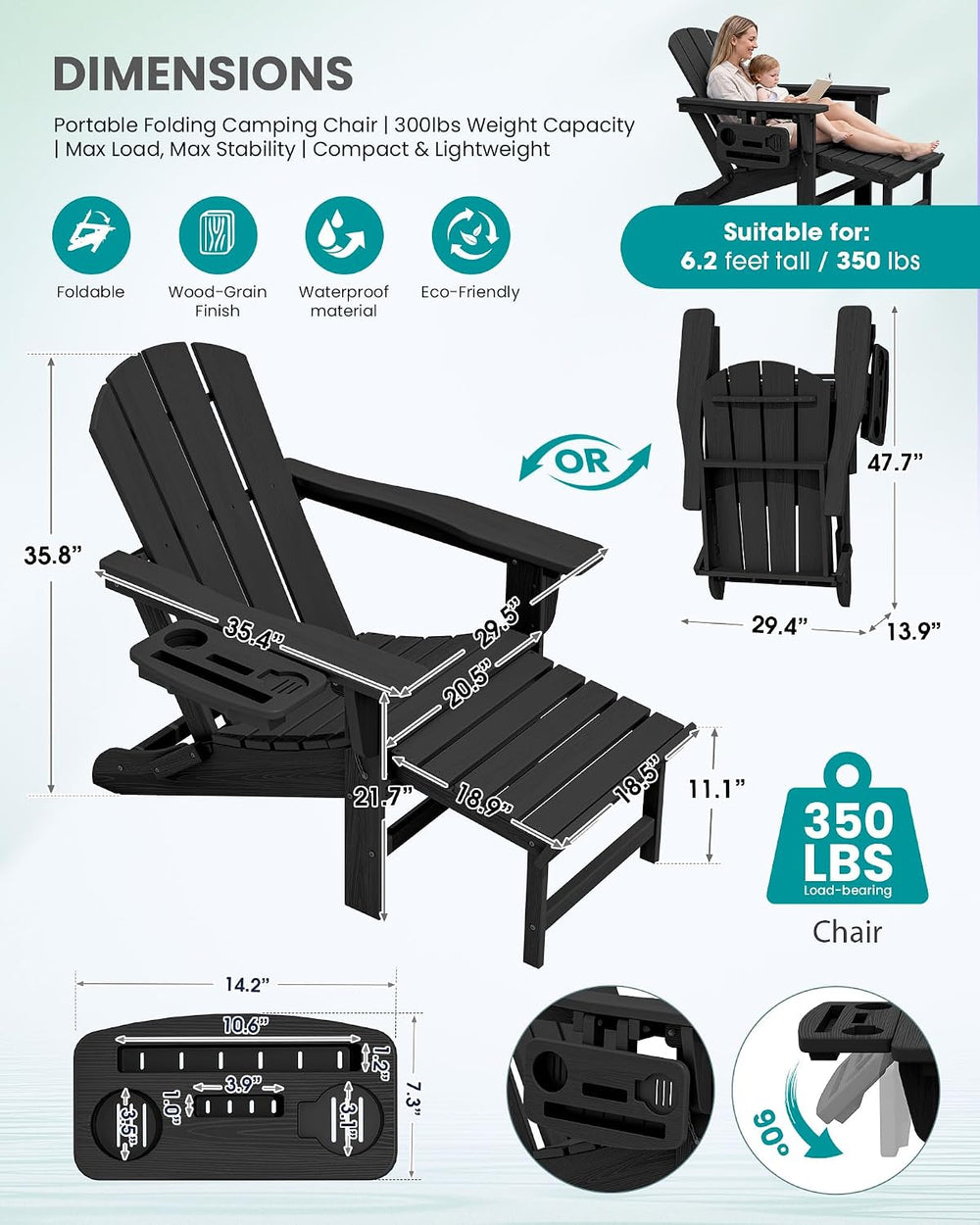 SERWALL Folding Adjustable Adirondack Chairs with Footrest Set of 4, HDPE Out...