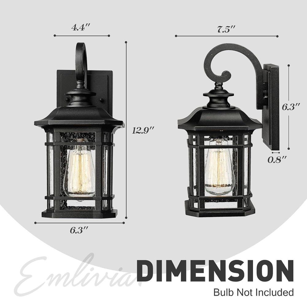 Emliviar 2-Pack Exterior Wall Mount Lights, Seeded Glass, 2084B-2BK