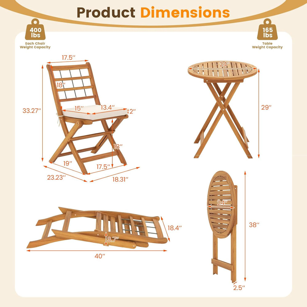 HAPPYGRILL 3 Pieces Acacia Wood Patio Bistro Set, Folding Outdoor Table and C...