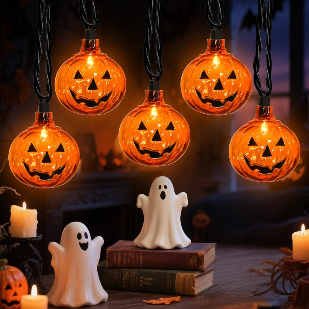 12Ft 20 LED Halloween Pumpkin String Lights Plug in Jack O Lantern Lights wit...