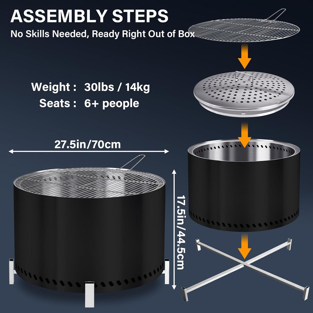HGD 28" Smokeless Firepit with Stand & Grill Rack, Large Stainless S...