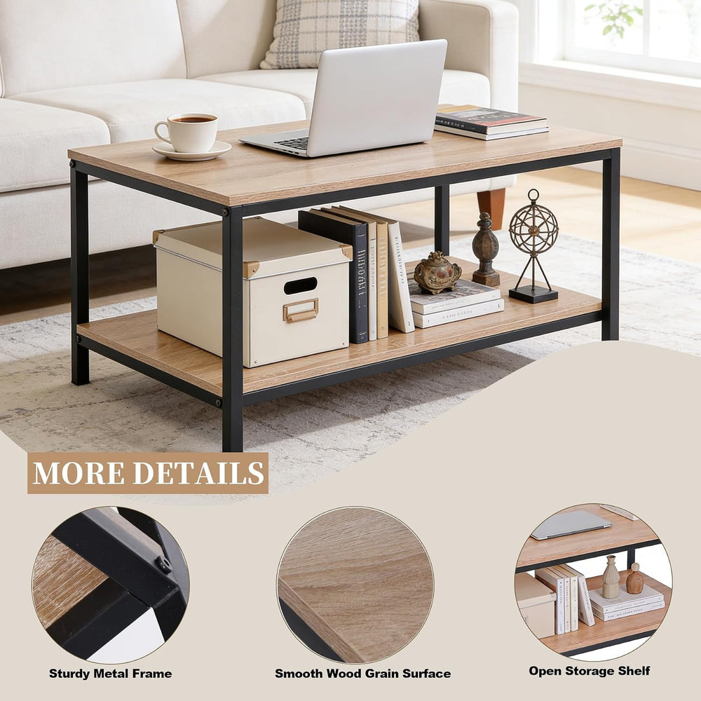 SUPER DEAL 2-Tier Industrial Coffee Table with Storage Shelf for Small Apartm...