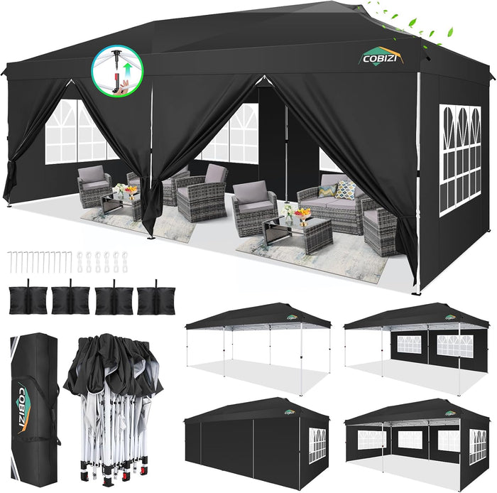 COBIZI 10x20 Pop Up Canopy Tent with One Push, 6 Removable Sidewalls