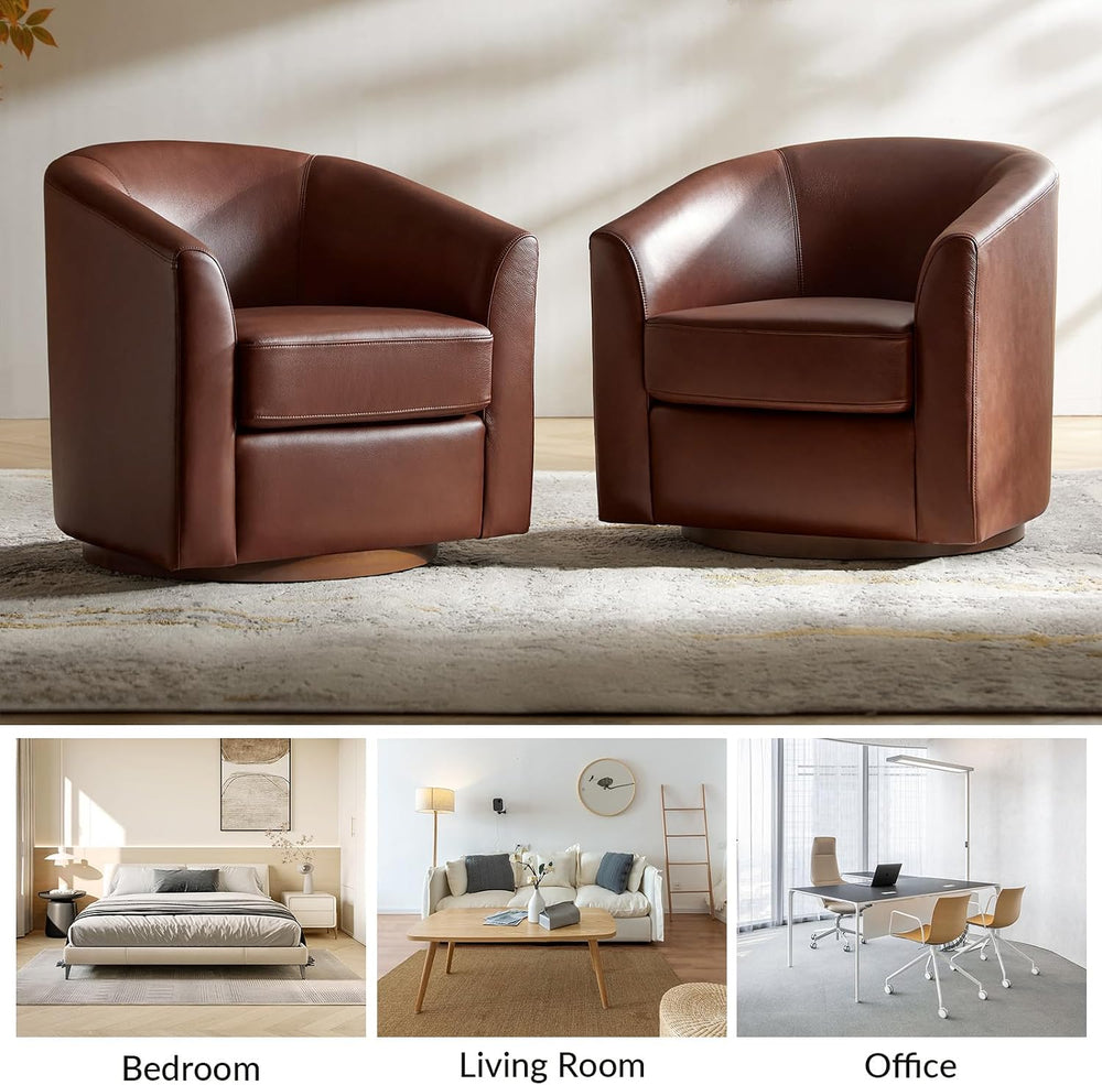 HULALA HOME Genuine Leather Swivel Barrel Chair with Solid Wood Base, Brown