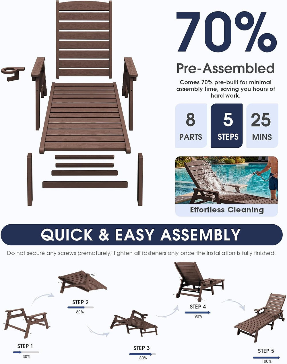 KINGYES HDPE Lounge Chair Outdoor Set of 2, All Weather Pool Lounger