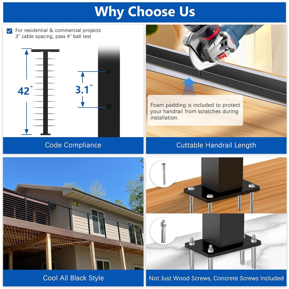 8ft-12ft Modular 42in Cable Railing System for Deck with Handrail