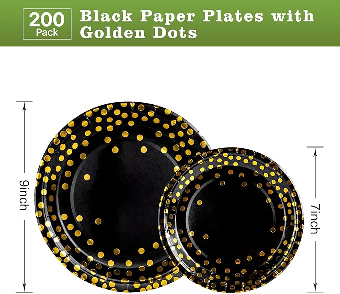 Lullaby 200PCS Black Paper Plates, Black and Gold Paper Plate, 100pcs Dinner ...