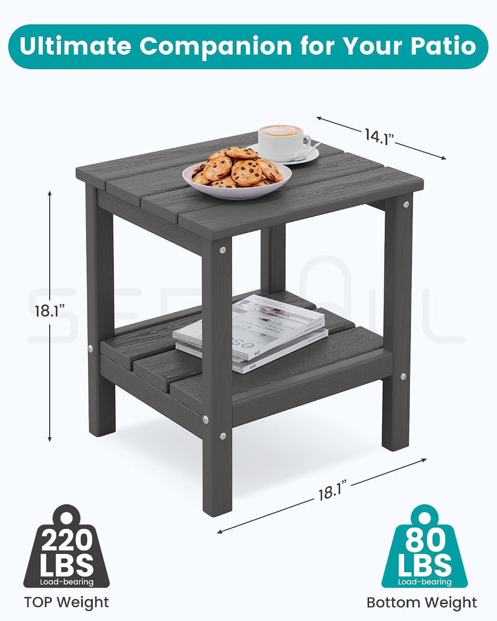 SERWALL 2-Tier HDPE Outdoor Side Table, Weatherproof Rectangular Adirondack S...