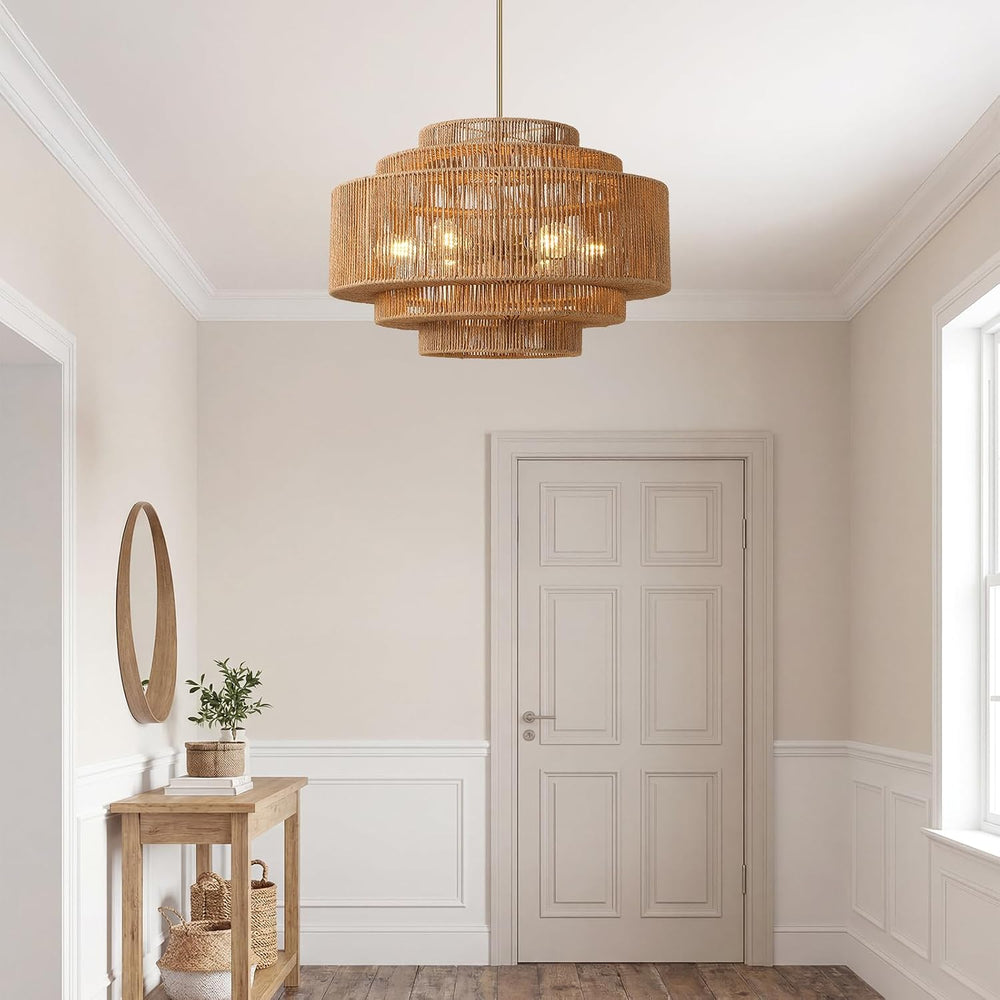 25.6" Boho Rattan Chandelier, 6-Light Large Wicker Light Fixture