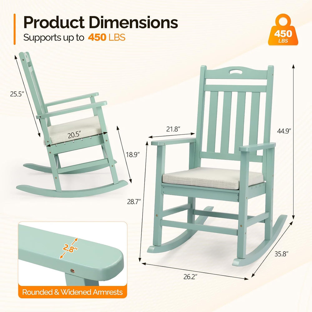 VINGLI Outdoor Rocking Chair, Wooden Rocking Chair with Cushion, Green