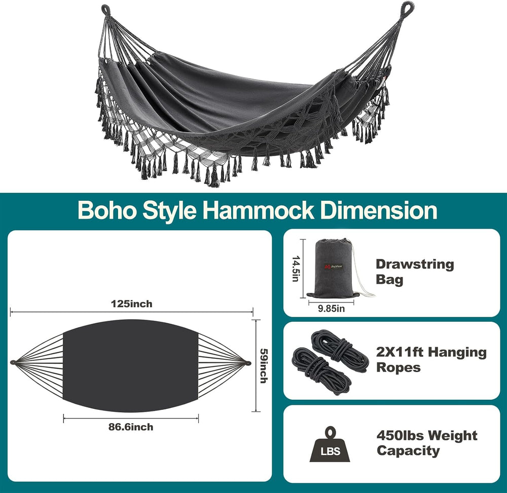 JoyView Boho Macrame Double Hammock with Hanging Ropes & Elegant Tassels ...
