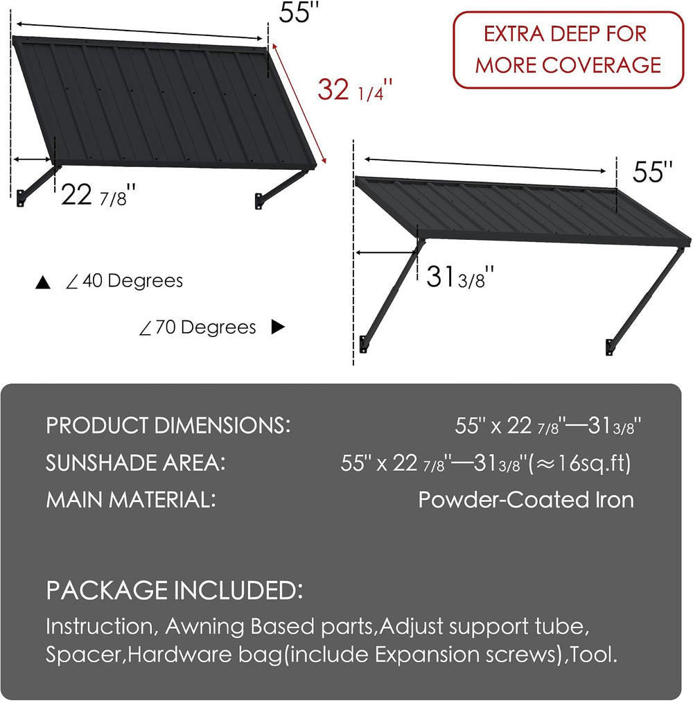 Kozyard Adjustable Door Window Awning – 4-Level Tilt, 55"W×32" Slop...