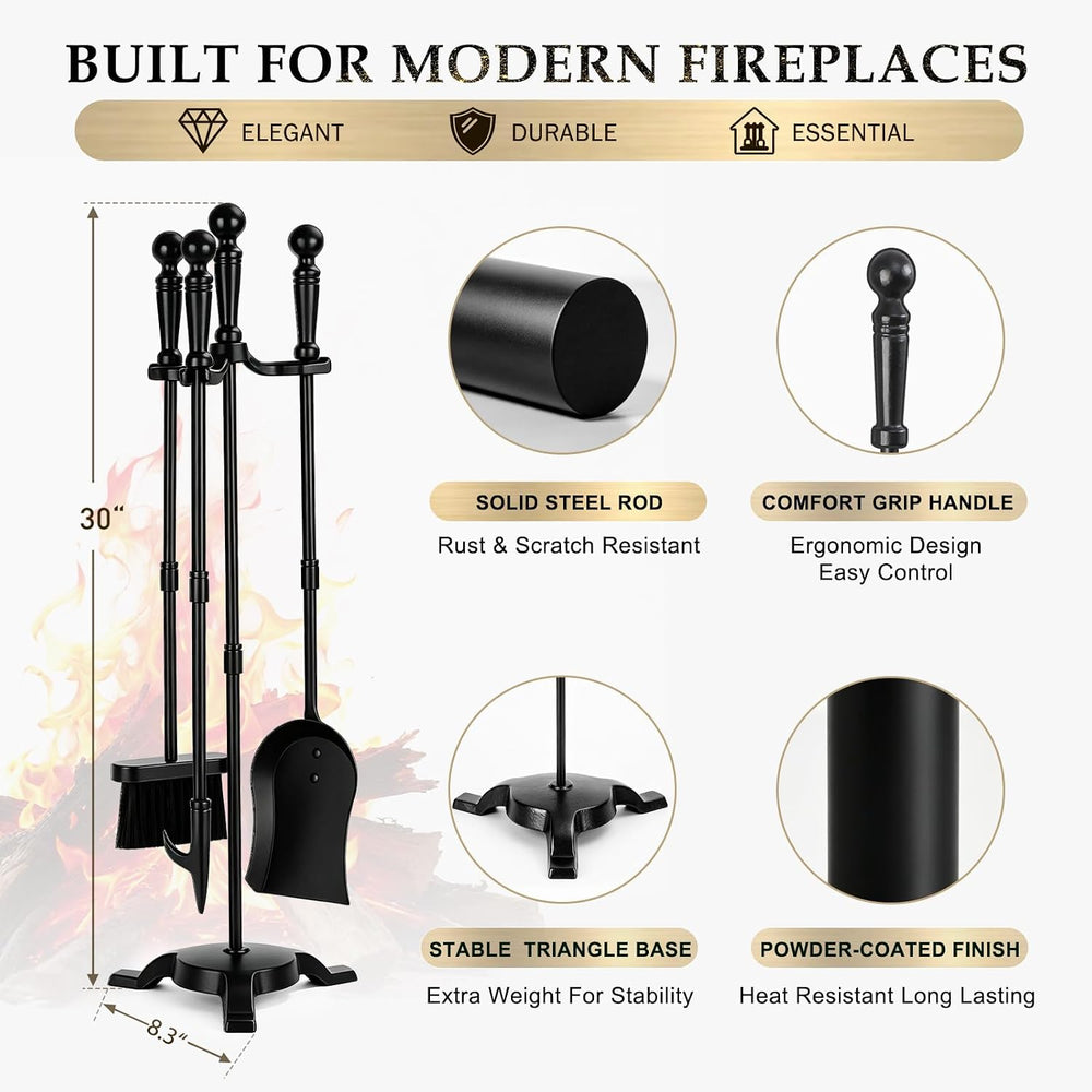 FEED GARDEN 4-Piece Fireplace Tool Set with Stand, 30In Wrought Iron, Black