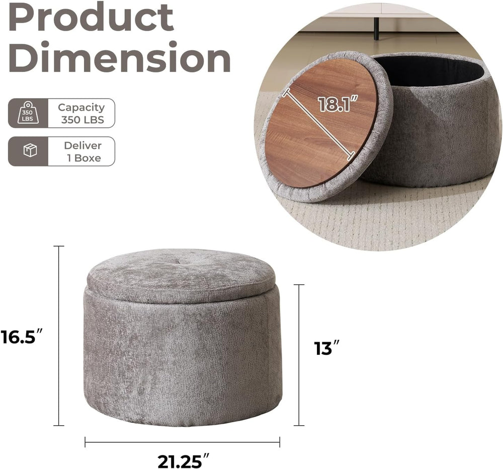Modern Round Storage Ottoman with Reversible Tray Lid,Chenille Ottoman Foot S...