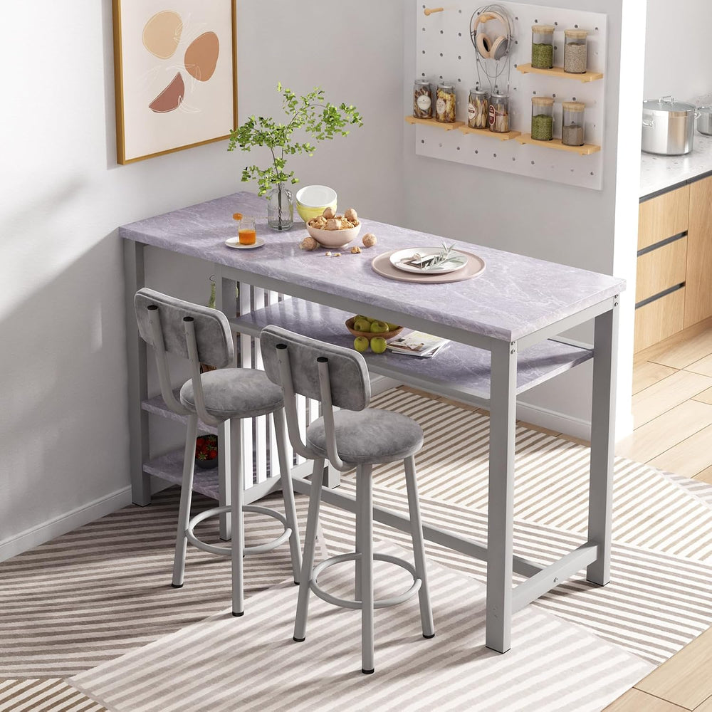 AWQM 3-Piece Bar Table and Chairs Set, Modern Gray Table with 2 PU Cushion Ba...