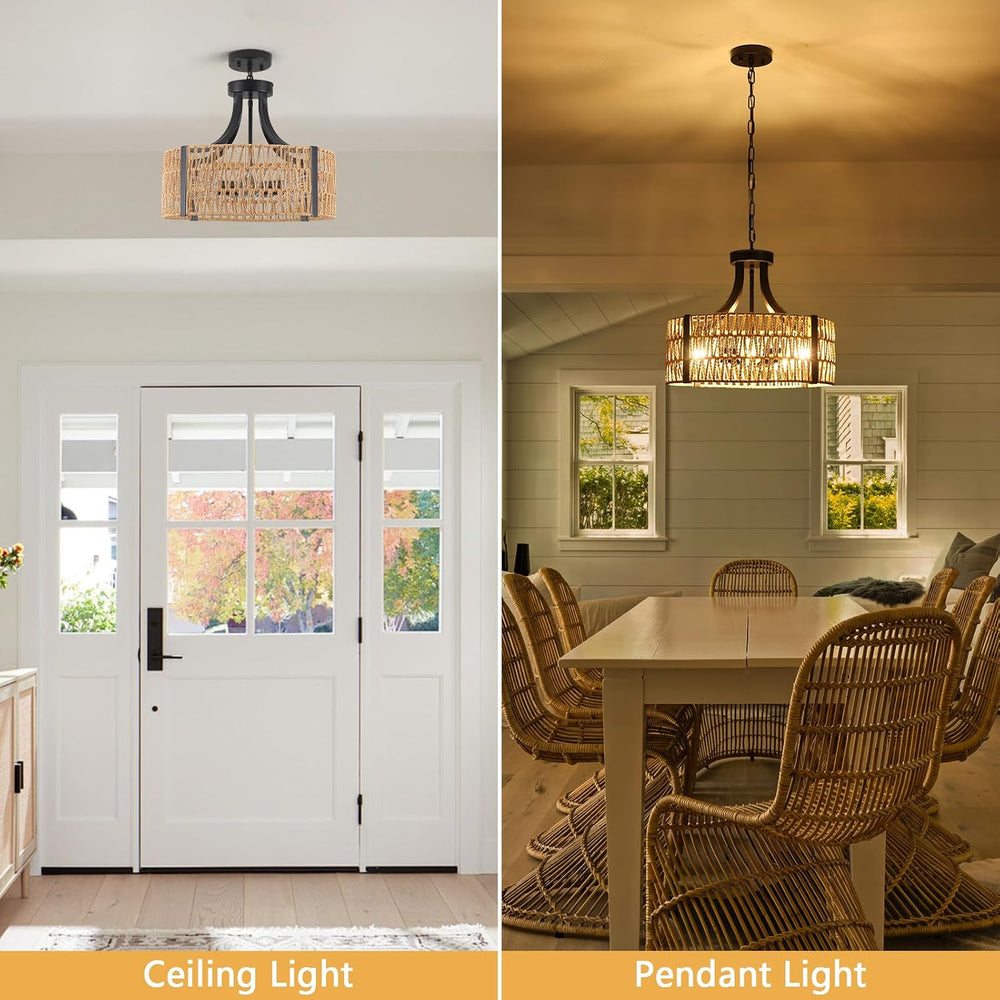 Farmhouse Chandeliers for Dining Room, 5-Light 17.7”Rattan Light Fixture with...
