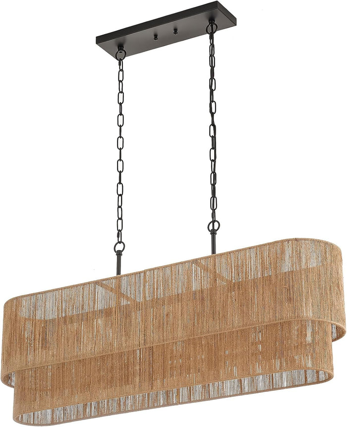 42” Boho Chandelier Coastal 2 Layers Hand Woven Rattan Pendant Light Linear Large Island Light for Dining Room Kitchen Island Living Room, UL Listed