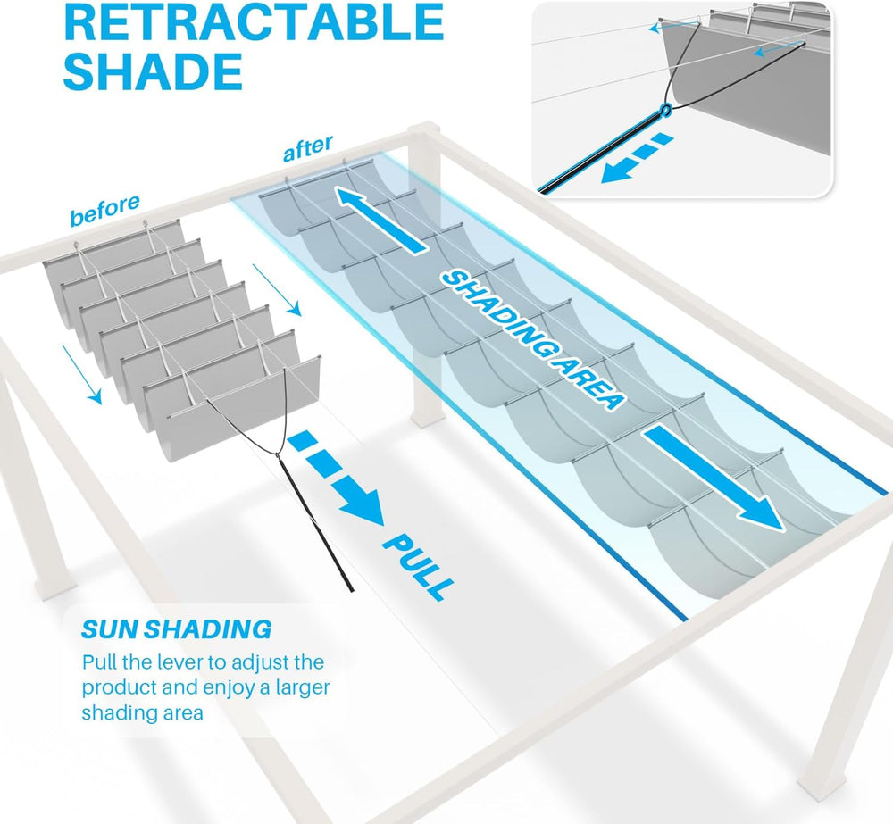 Patio 3'W x 12'L Waterproof Pergola Shade Cover Retractable Canopy Re...