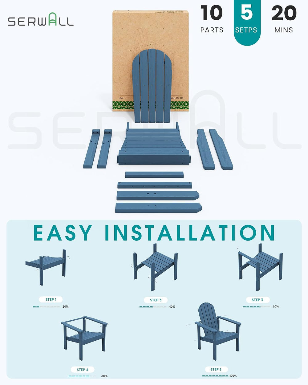 SERWALL HDPE Stackable Adirondack Chairs Set of 2,Space-Saving, Blue