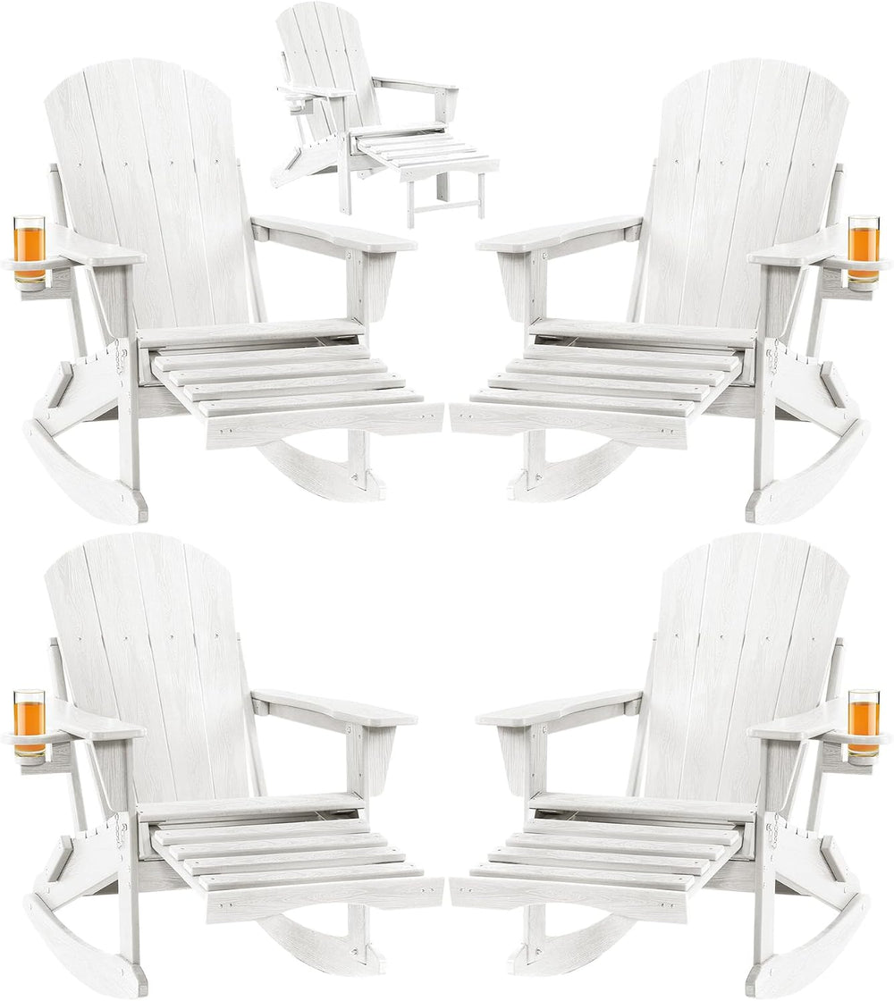 Adirondack Rocking Chair Set of 4 with Retractable Ottoman and Cup Holders, H...