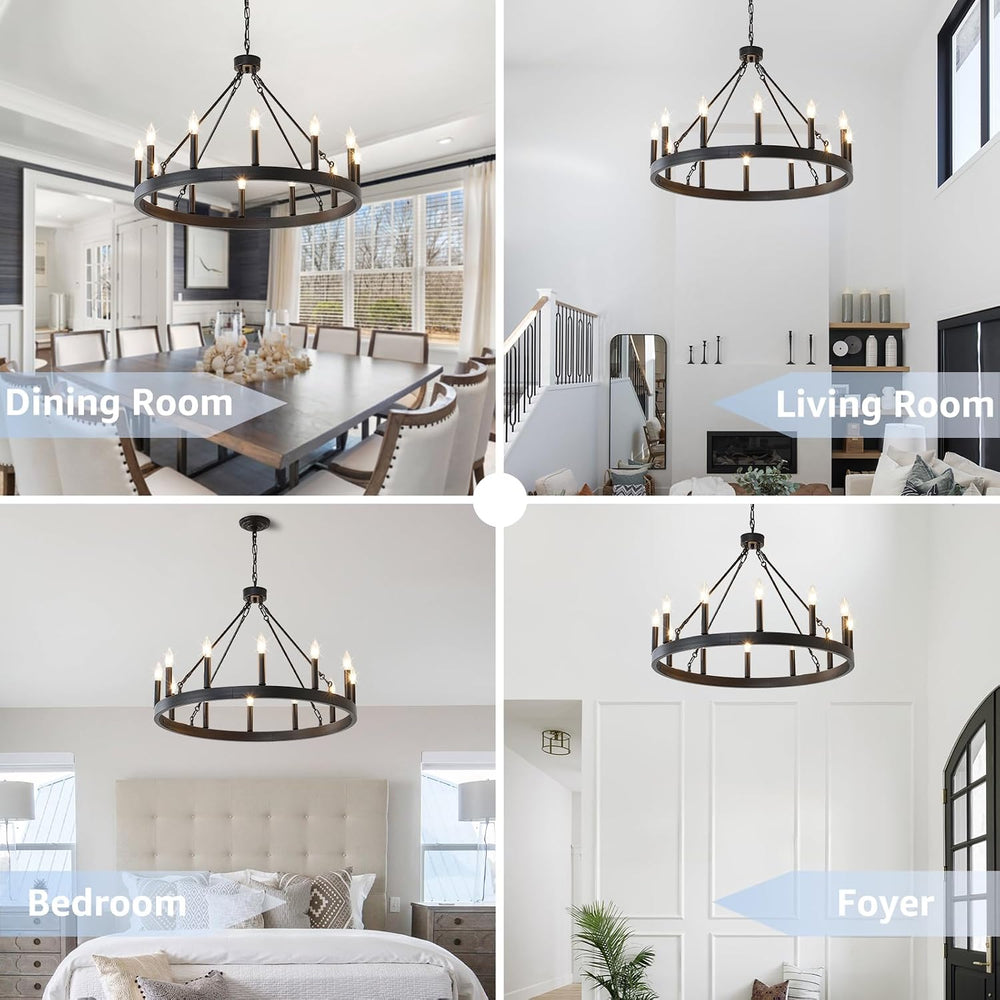 32" Wagon Wheel Light Fixture 12-Light Black Round Entryway Chandeliers