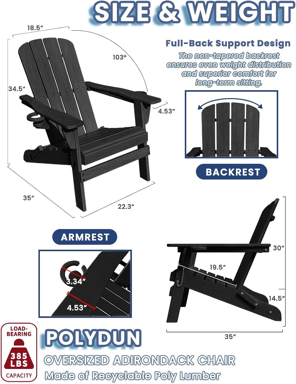 Folding Adirondack Chair with Cup & Wine Holder, HDPE Plastic Patio Chairs
