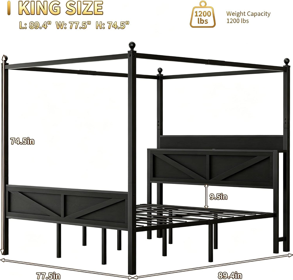 King Size Canopy Bed Frame with Storage Headboard, Black
