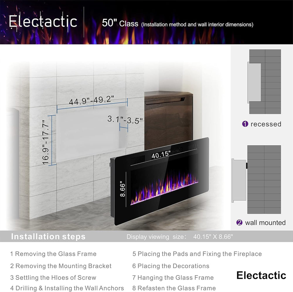 Electactic 50 Inch Electric Fireplace Insert Ultra-Thin - Recessed & Wall...