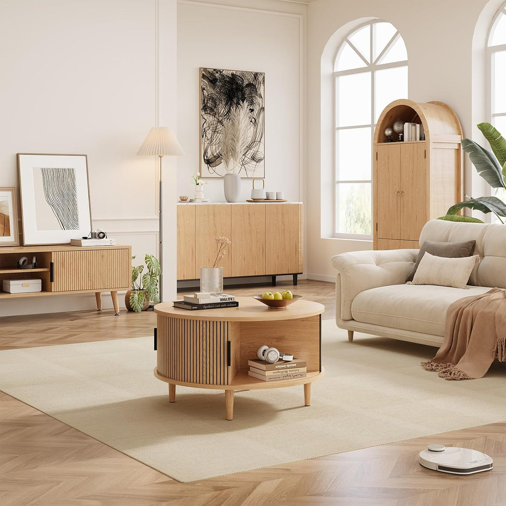 Round Coffee Table with Storage, Mid Century Modern Coffee Table, Fluted Dini...