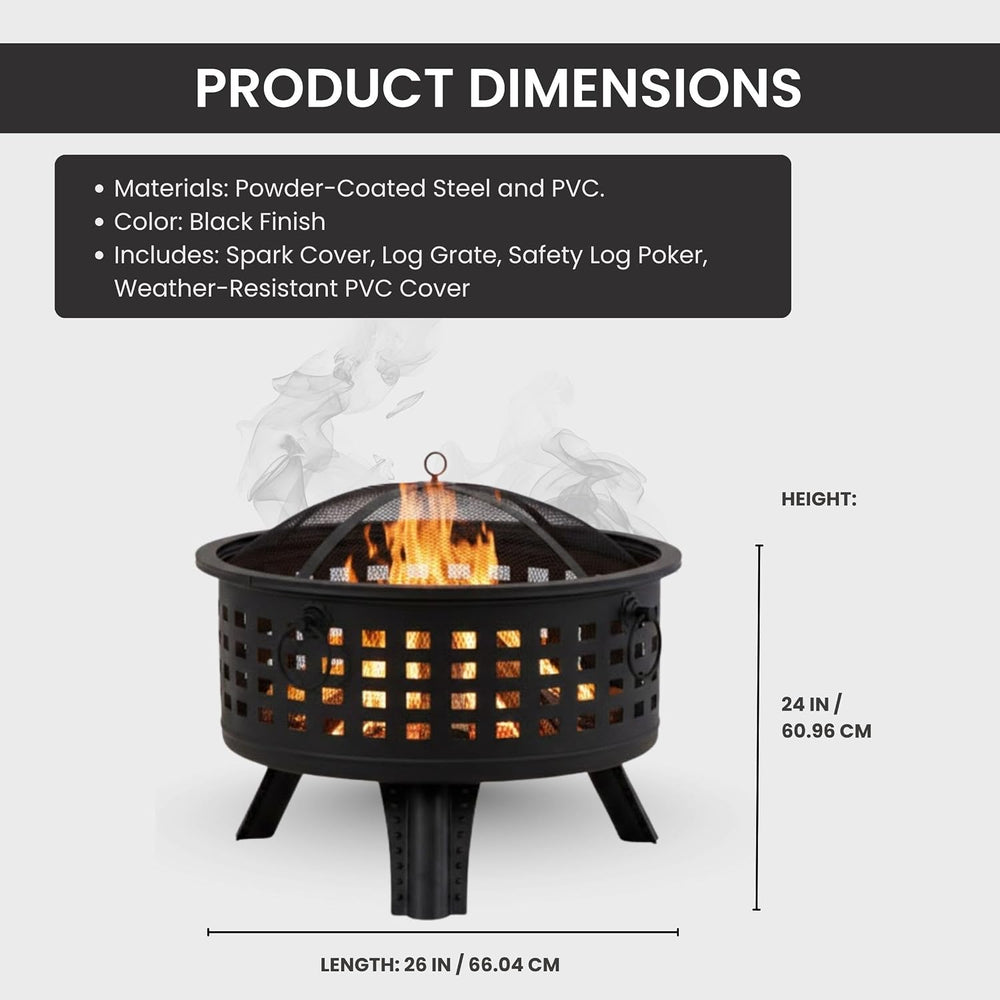 Outdoor Fire Pit - 26-Inch Round Lattice Wood Burning Firepit with Screen, Po...