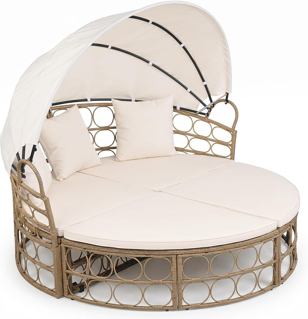 Tangkula Round Outdoor Patio Daybed with Retractable Canopy & Cushions