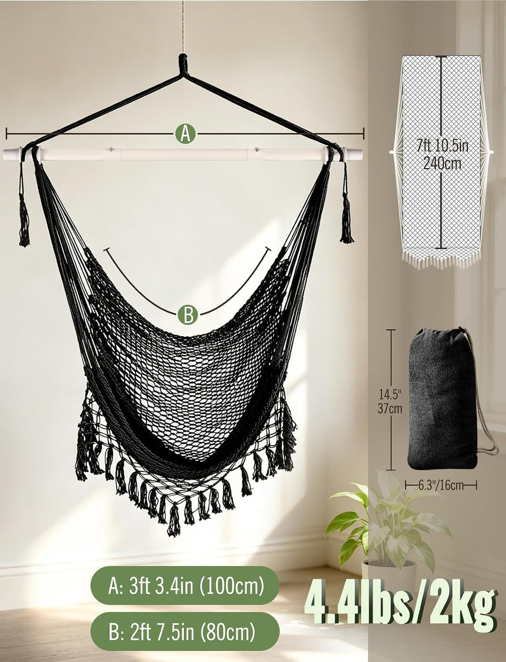 Chihee Hammock Chair Handmade Woven Mesh Hanging Seat Metal Spreader Bar