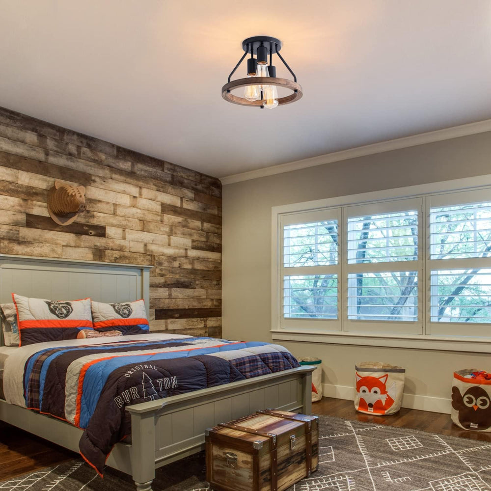 VILUXY Industrial Flush Mount Ceiling Light Fixture with Retro Wood Circle Sh...