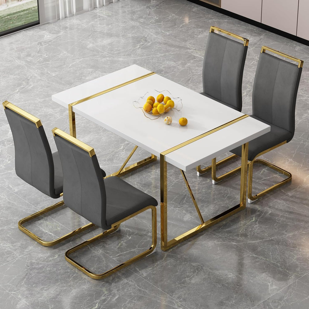 Ebullient White Rectangular Dining Table Set for 4, MDF Table with Light Grey...
