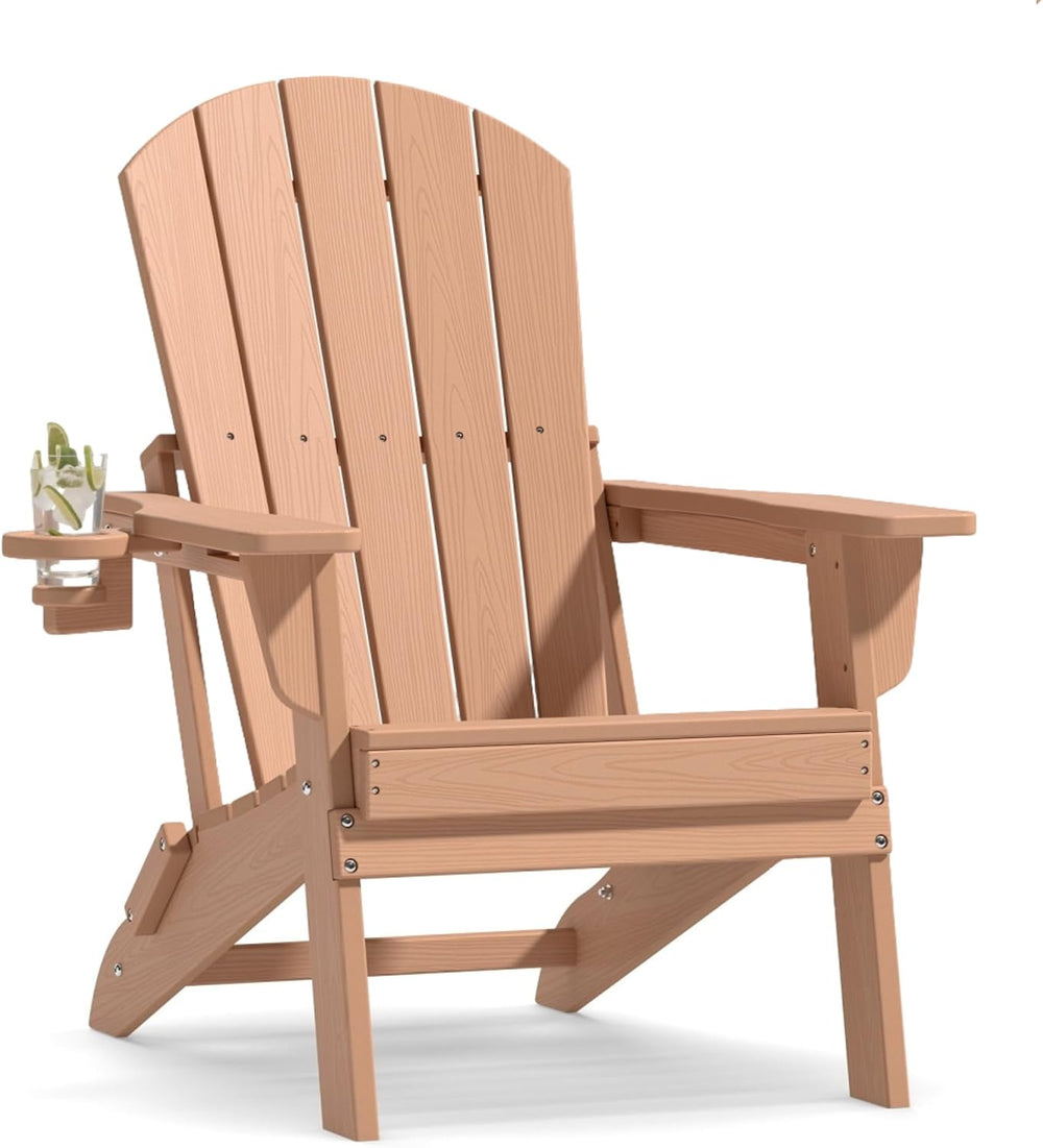 Plawdlik Folding Adirondack Chair with Cup Holder, HDPE All-Weather, Teak