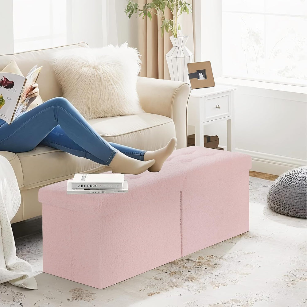 Storage Ottoman Bench, 34" Teddy Velvet Folding Foot Rest, Pink