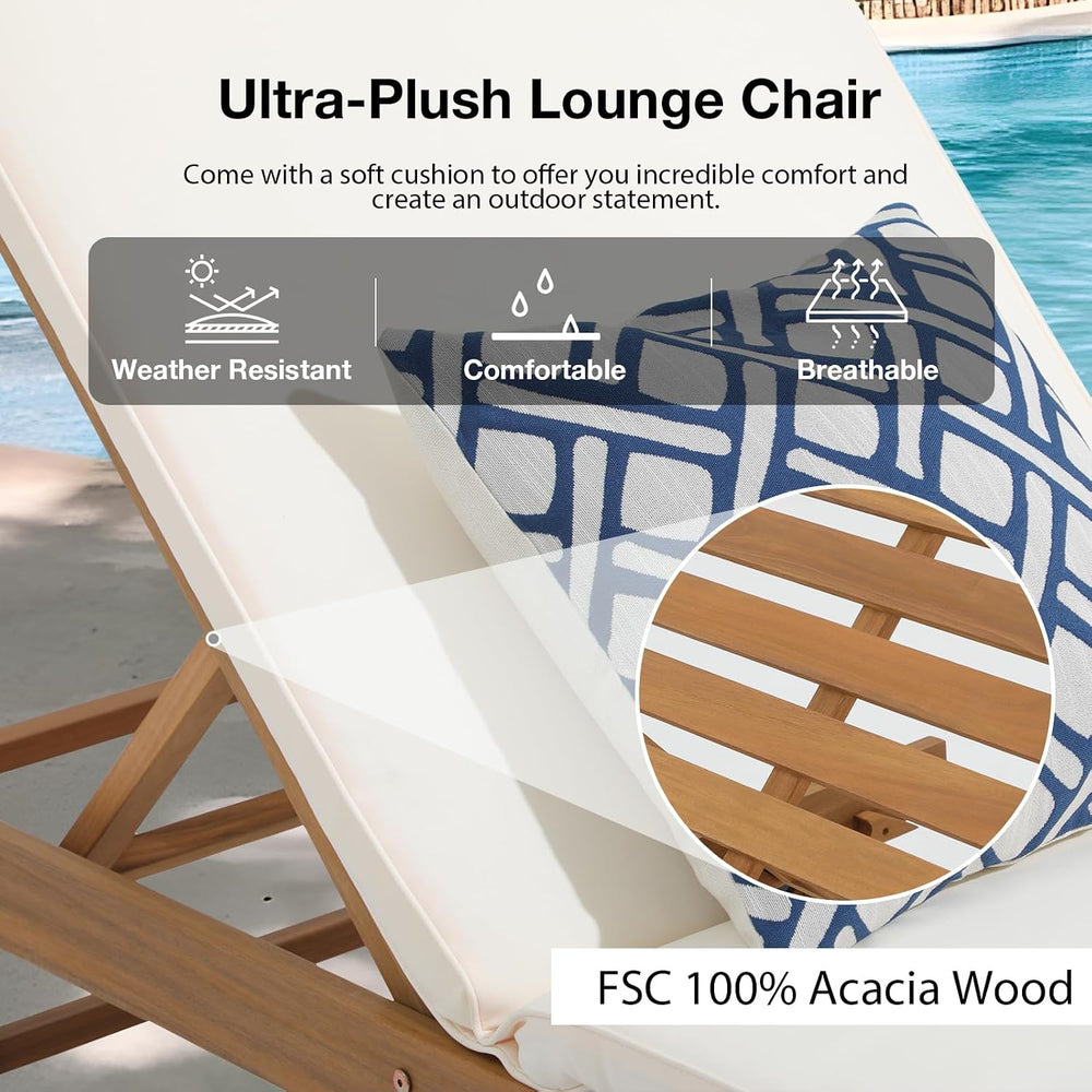 Patiorama Patio Acacia Wood Chaise Lounge Chair, Pool Chair, Cream