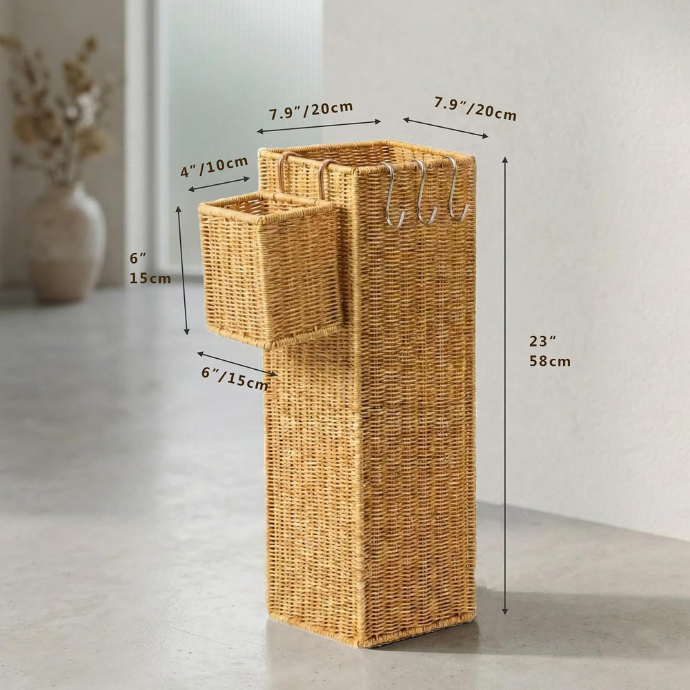 Wicker Umbrella Stand for Entryway, Tall Rattan Holder with Tray