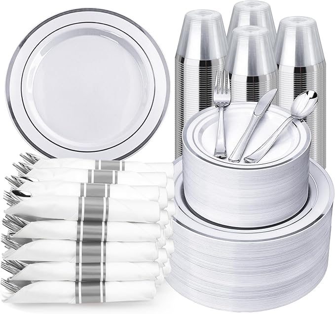 BESTVIP 700PCS Silver Plastic Dinnerware Set for 100 Guests, Disposable Plate...