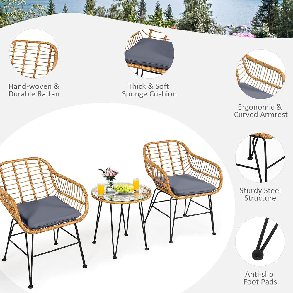 Tangkula 3 Pieces Patio Bistro Set, Rattan Conversation Set with 2 Cushioned ...