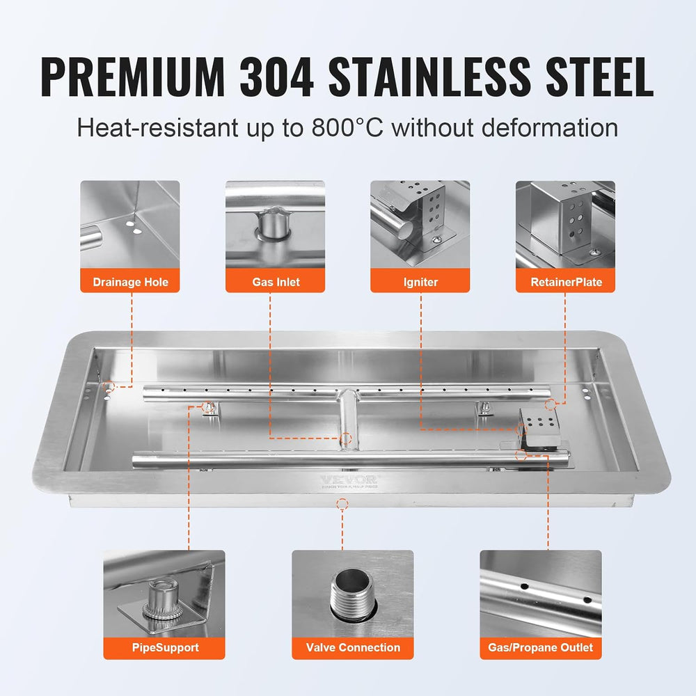 VEVOR 24 x 8 inch Drop-in Fire Pit Pan, Rectangular Stainless Steel Fire Pit ...