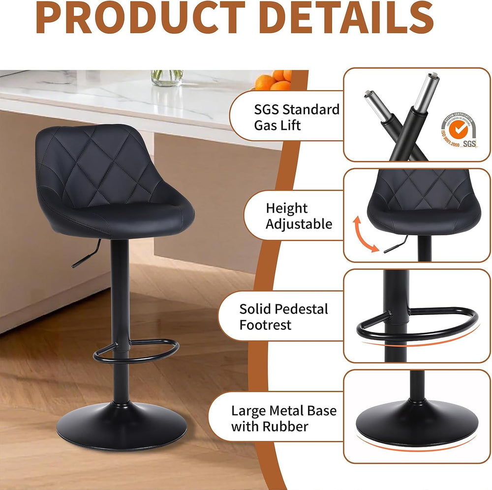 Swivel Bar Stools Set 3, Adjustable Height, PU Leather, Black